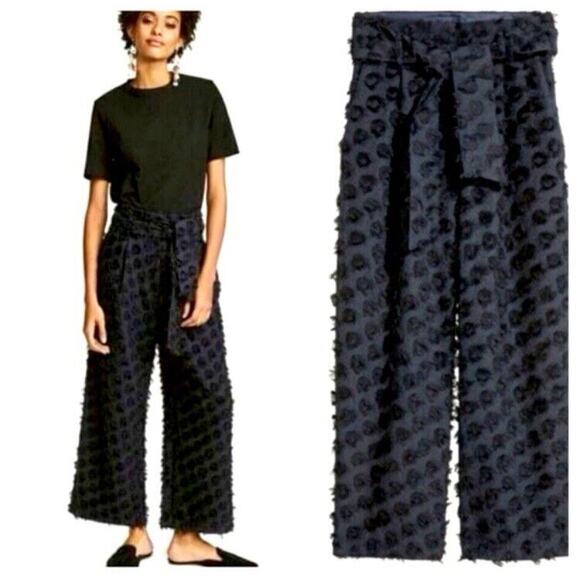 H&M Eyelash Fringe Dotted Wide Leg Trouser Pant 4 Black Ankle Crop High Waisted - Picture 1 of 1